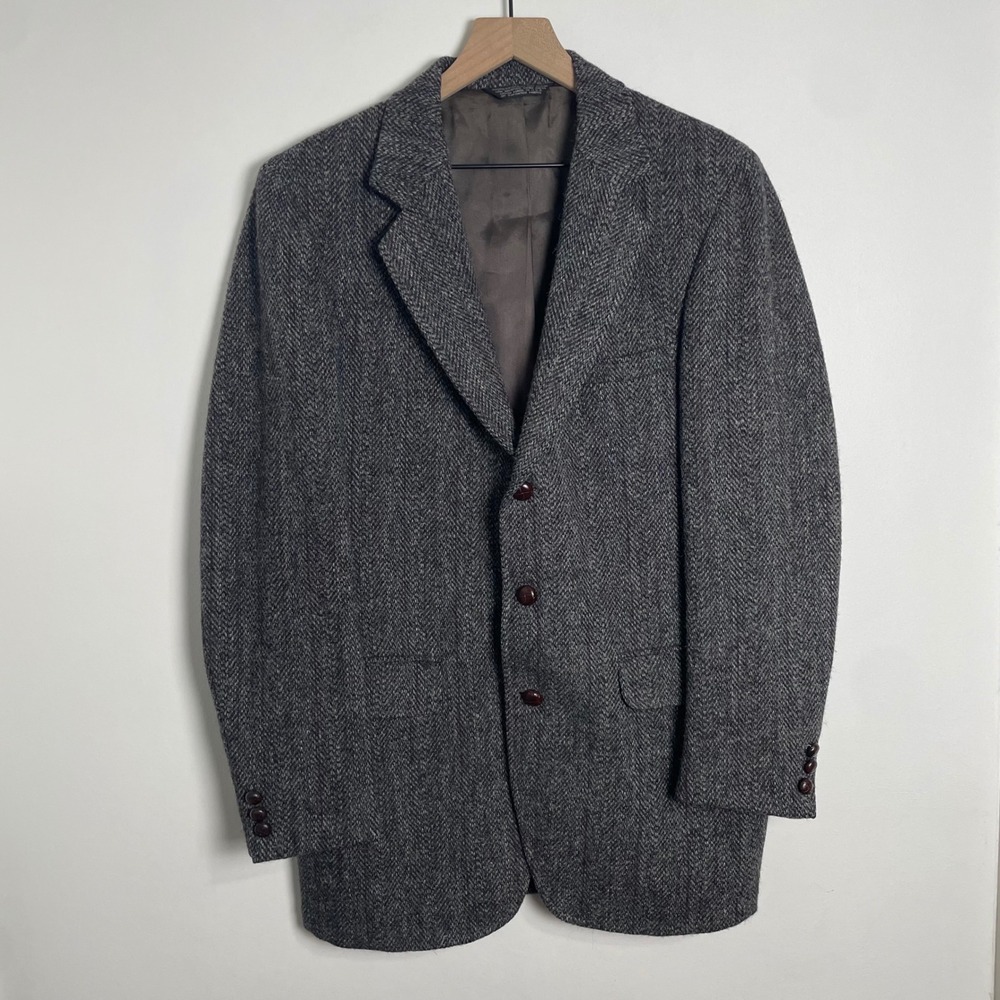 Harris Tweed Blazer Mens 41L Gray Herringbone Wool Sport Coat Heritage Academia